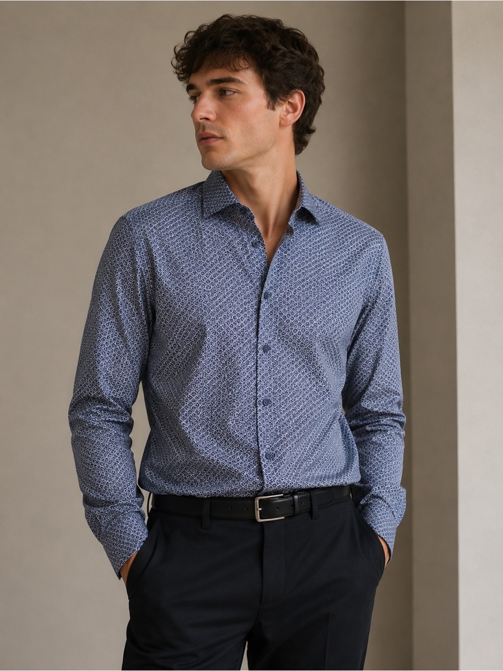 Ben Sherman Slim Fit Blue Geometric Print Stretch Dress Shirt